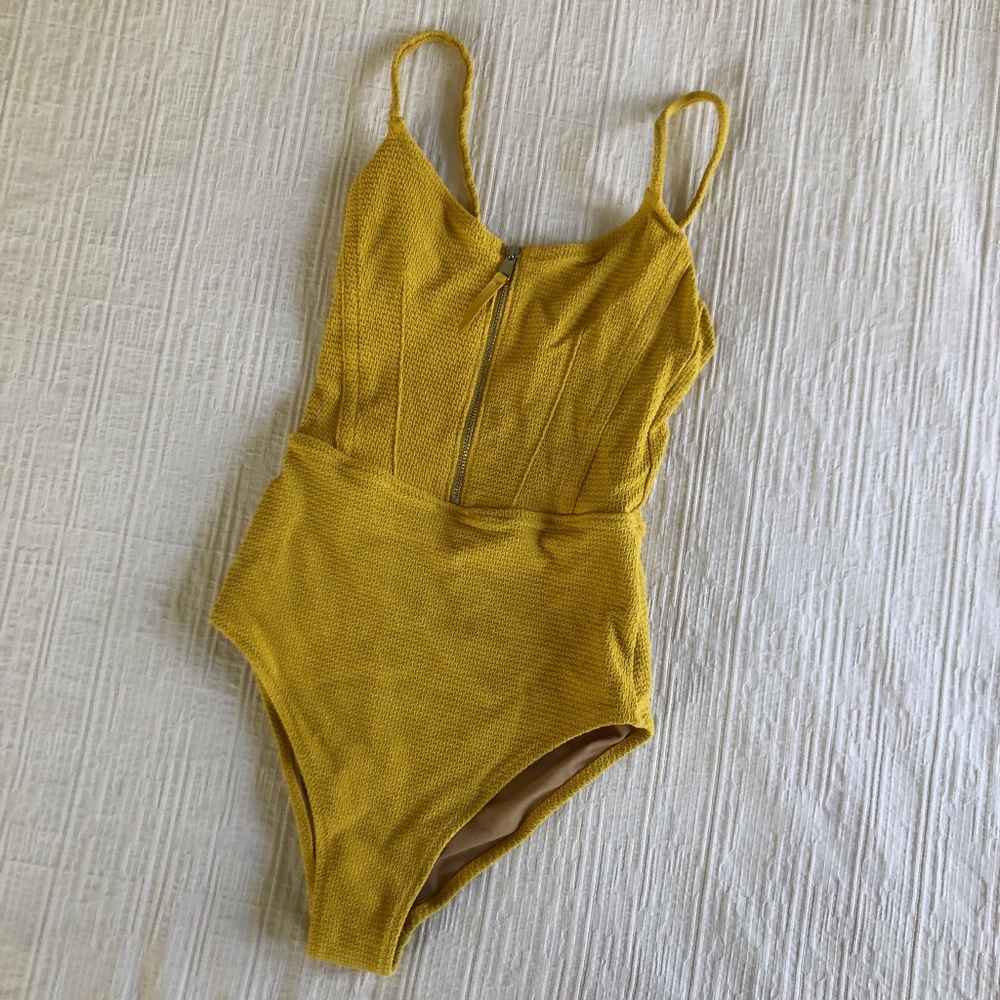 Yellow Front Zip One Piece Swimsuit